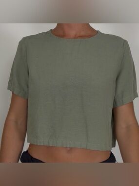 Midnight Sky Olive Green Linen Blend Crop Top Minimal Boxy Tee Medium